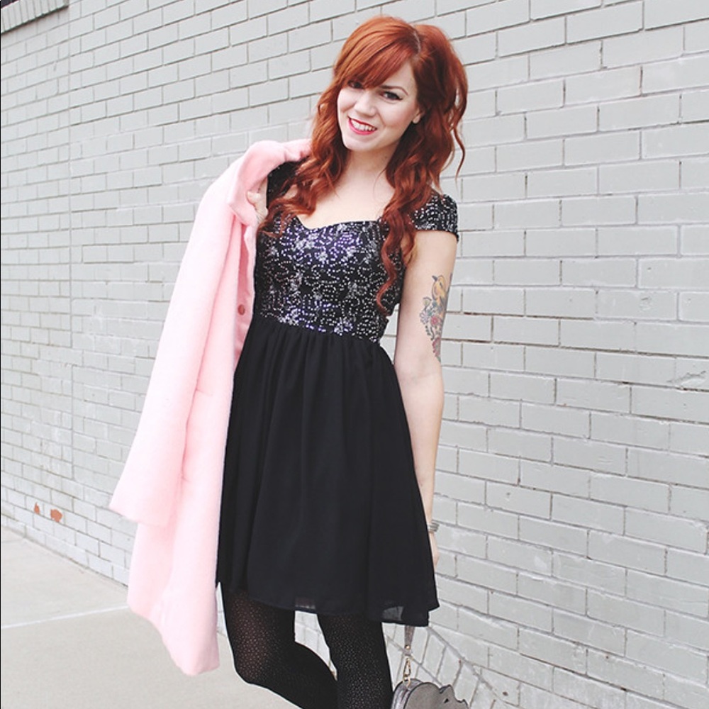 Black Chiffon and Sequins Cap Sleeve Dress